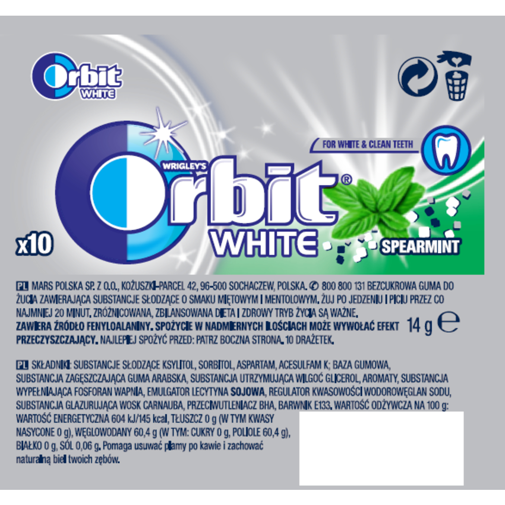 ORBIT WHITE SPEARMINT 10 DRAŻETEK/14G