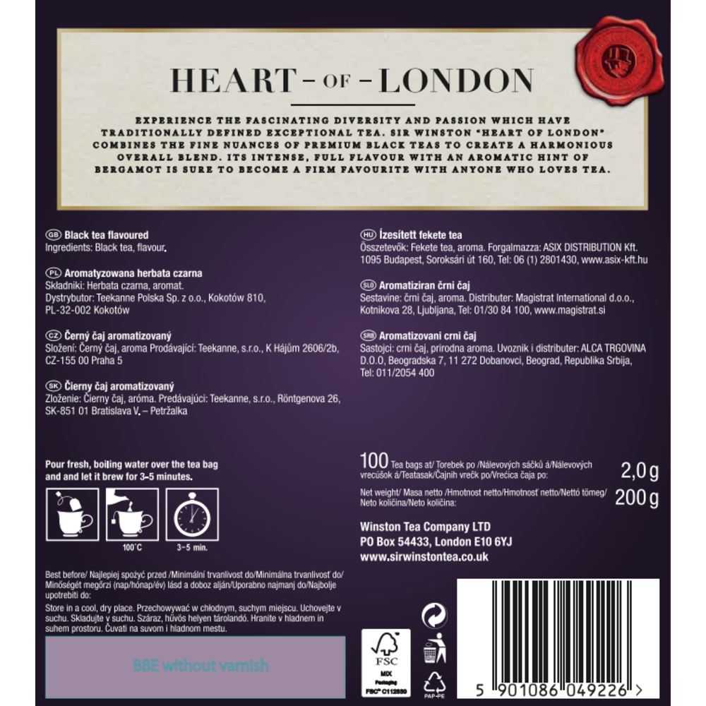 HERBATA CZARNA SIR WINSTON HEART OF LONDON 100 TOREBEK X 2,00G